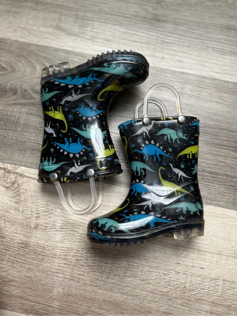 Othr Kids Rain Boots in Black with Blue & Green Dinosaur Print